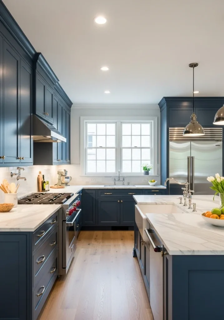 Dark blue cabinets with white marble countertops