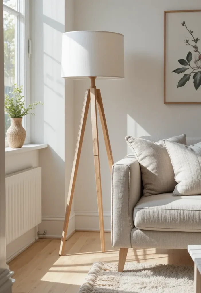 Wooden tripod floor lamp adding structure and balance to living room corner