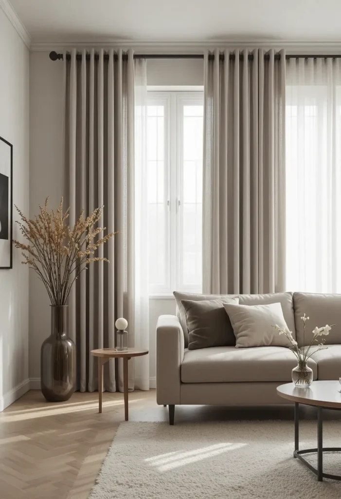 Slim black curtain rods in a modern living room with neutral curtains.