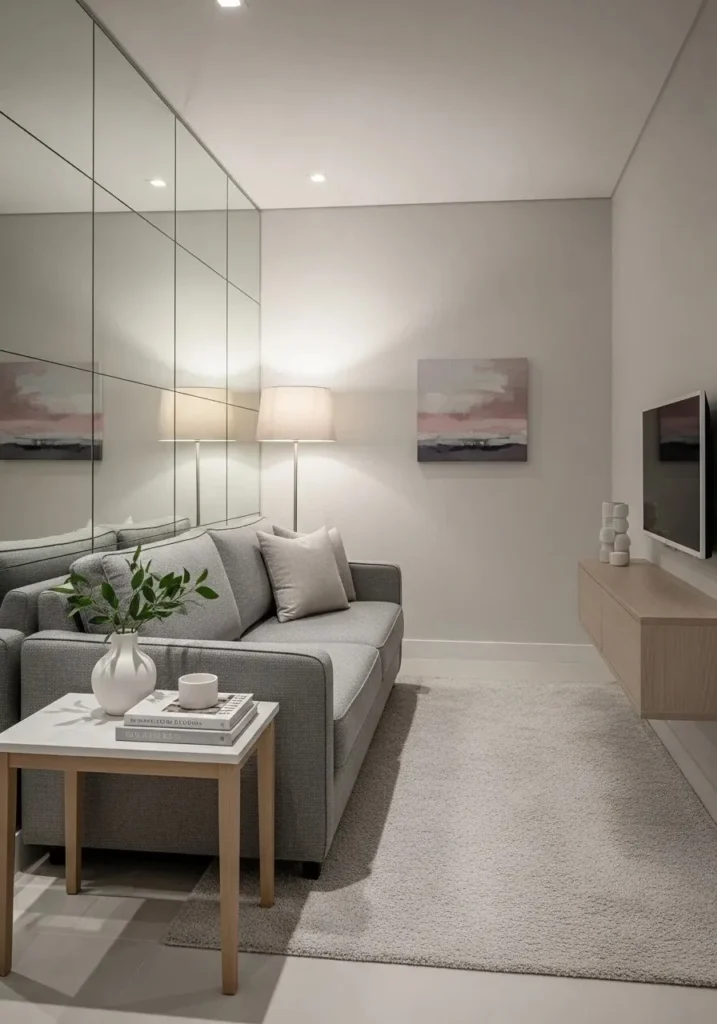 Small living room with grey couch and airy layout.