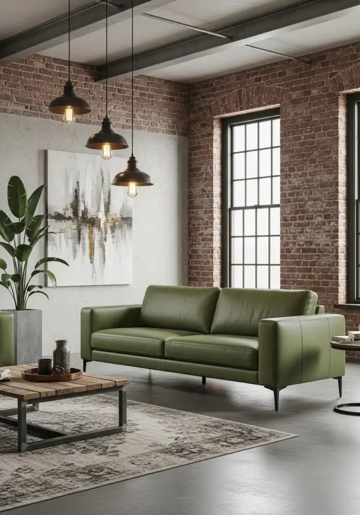 Green leather sofa in industrial loft living room