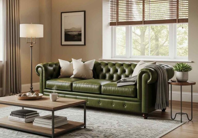 Full view green leather couch living room