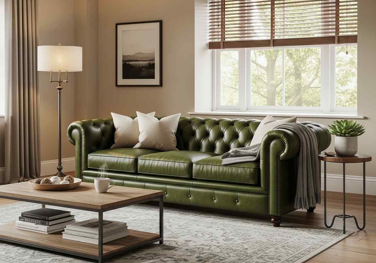 Full view green leather couch living room