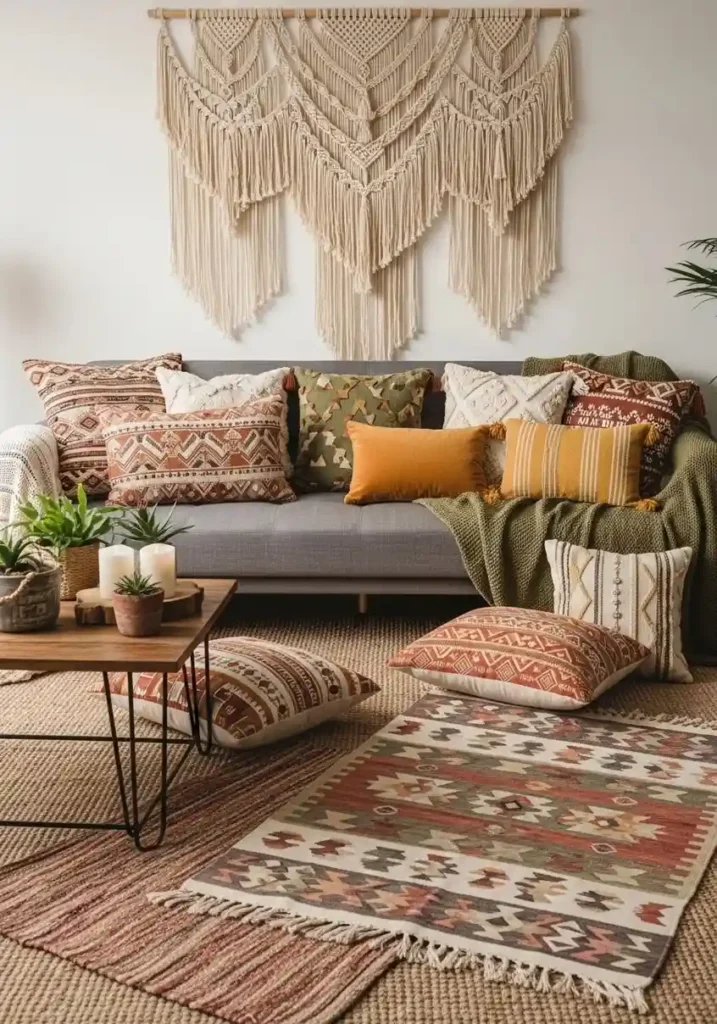 Boho living room styled with grey couch and layered textures.