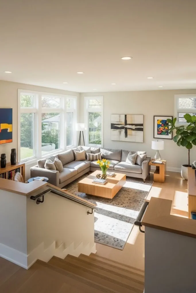 Accessible sunken living room with wide steps