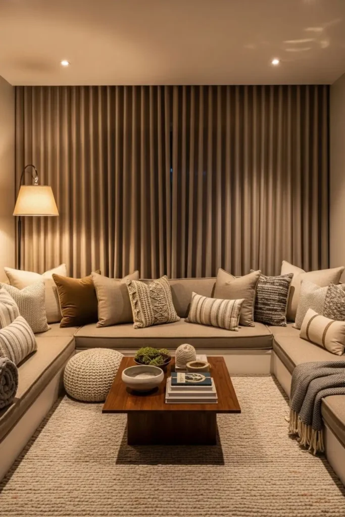 Cozy sunken living room with acoustic comfort