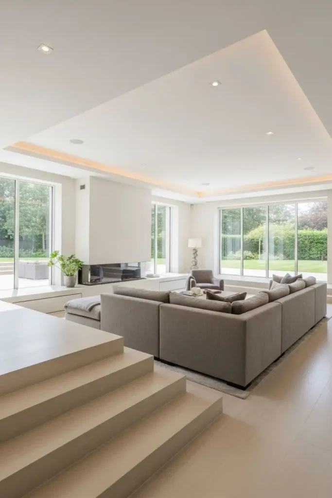 Sunken living room with balanced proportions