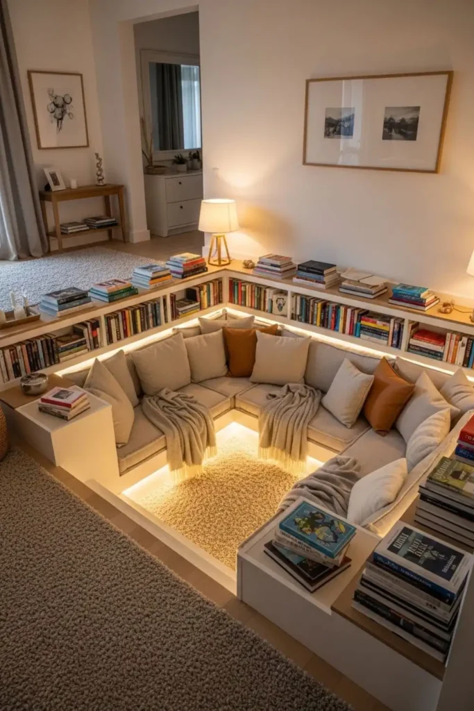 Sunken living room with intimate decor