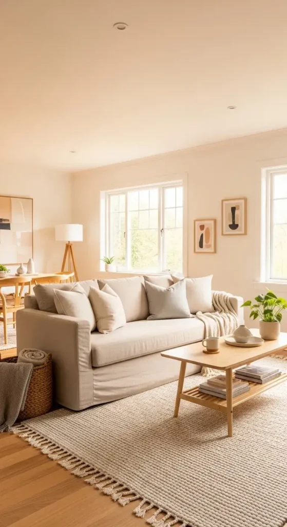 Full view of warm white living room with beige sofa and wood accents.