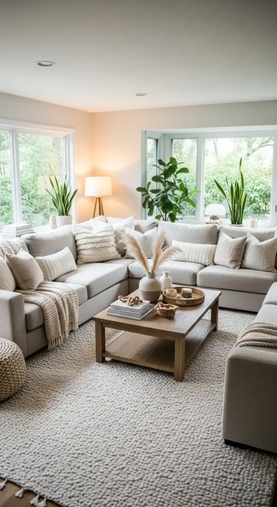 Large rug in sunken living room