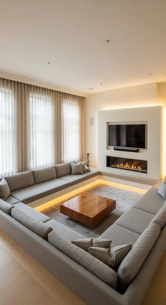 Sunken living room with focal point fireplace