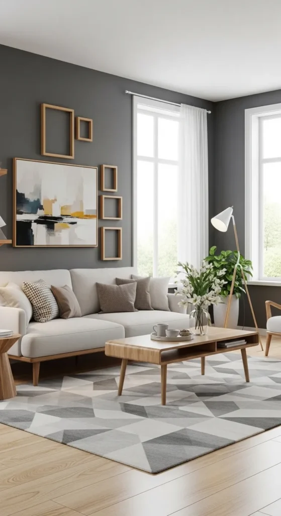 Full view of charcoal gray living room with light furniture.