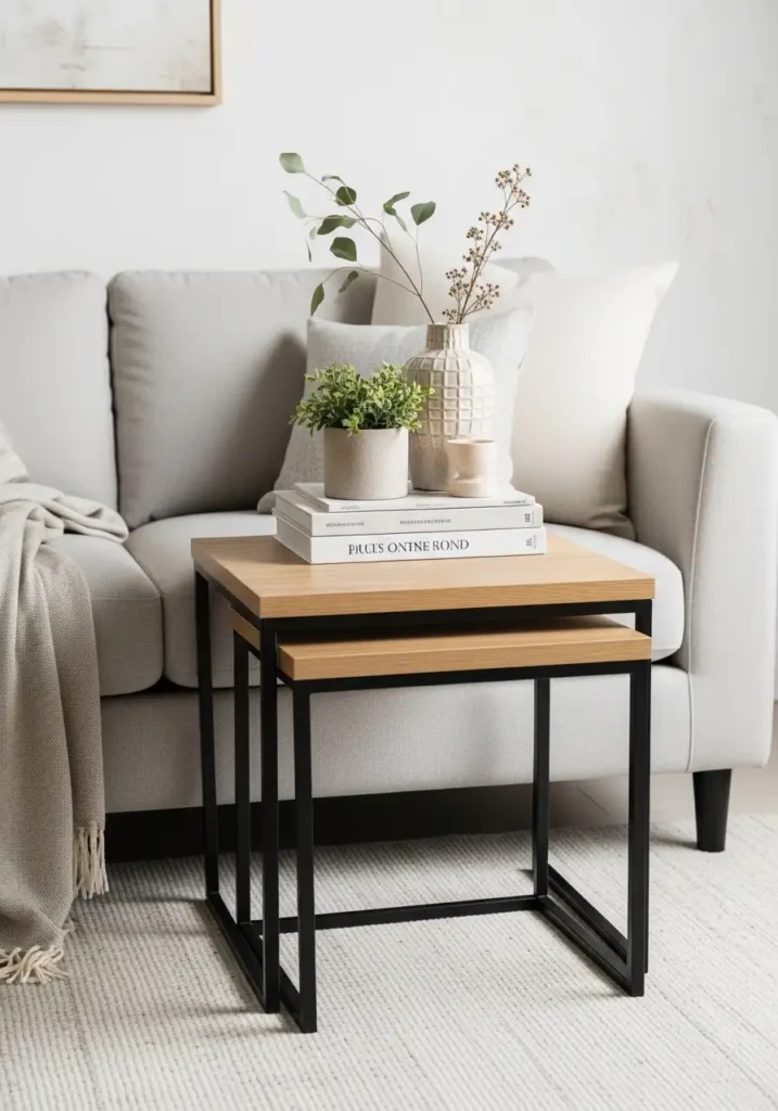 Nested living room side tables styled in modern home
