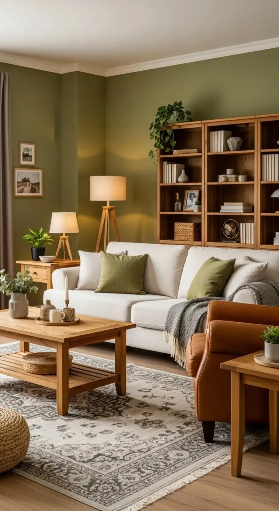 Full view of olive green living room with cream sofa and wood accents.