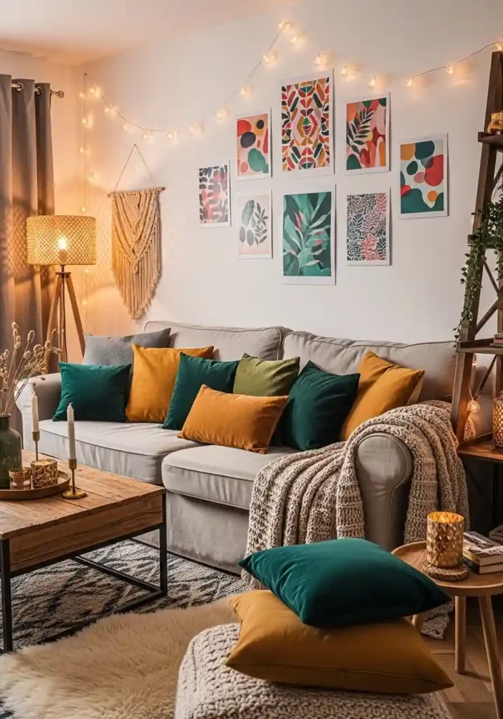 Boho living room with earthy and jewel-toned pillows and warm accents.