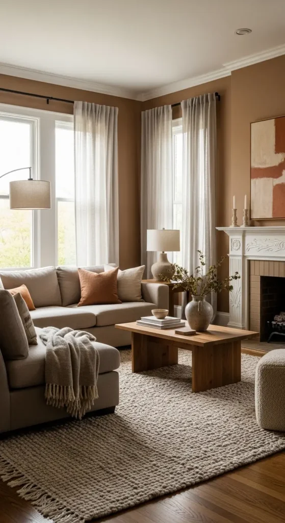 Full view of mushroom-toned living room with textured neutral decor.