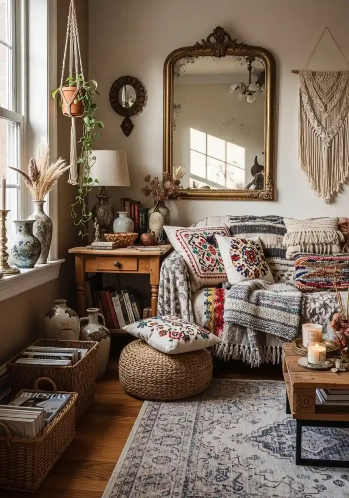 Boho living room featuring vintage furniture and antique décor pieces.