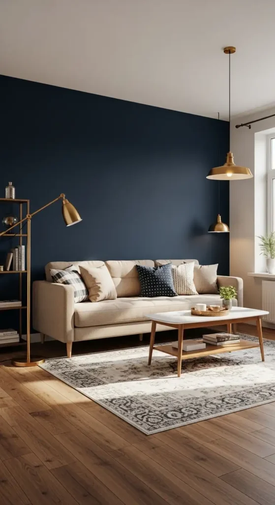 Full view of deep navy living room with beige sofa and brass accents.