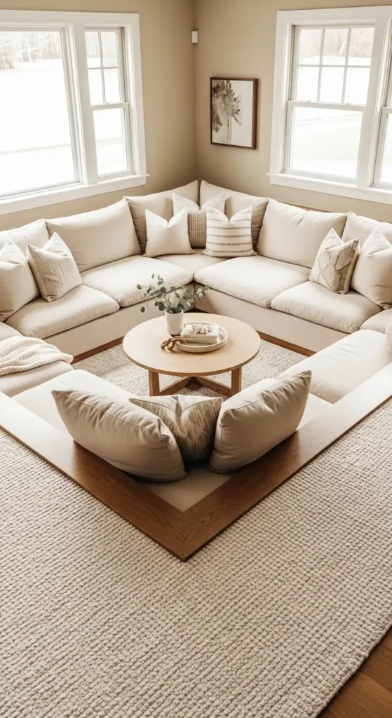 Built-in seating in sunken living room