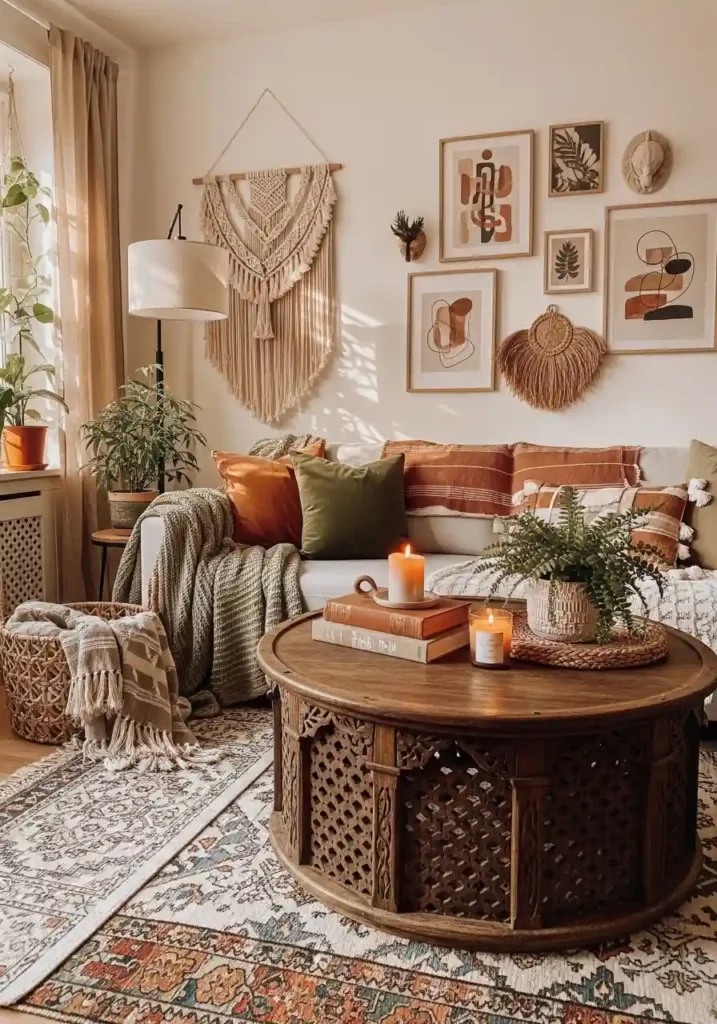 Boho living room with a carved wood coffee table and styled décor.