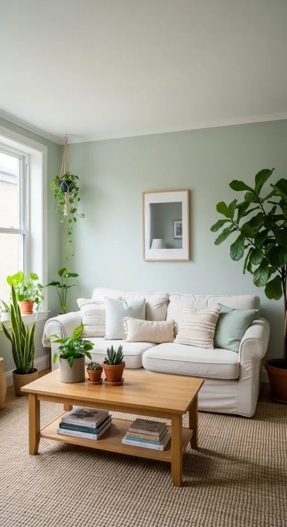 Full view of sage green living room with plants and natural wood.
