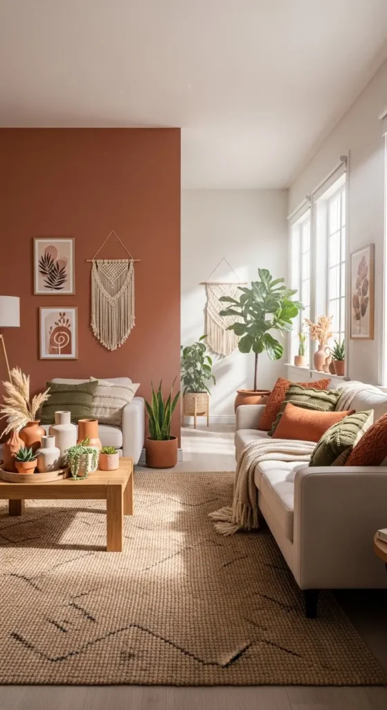 Full view of terracotta living room with cream sofa and earthy styling.