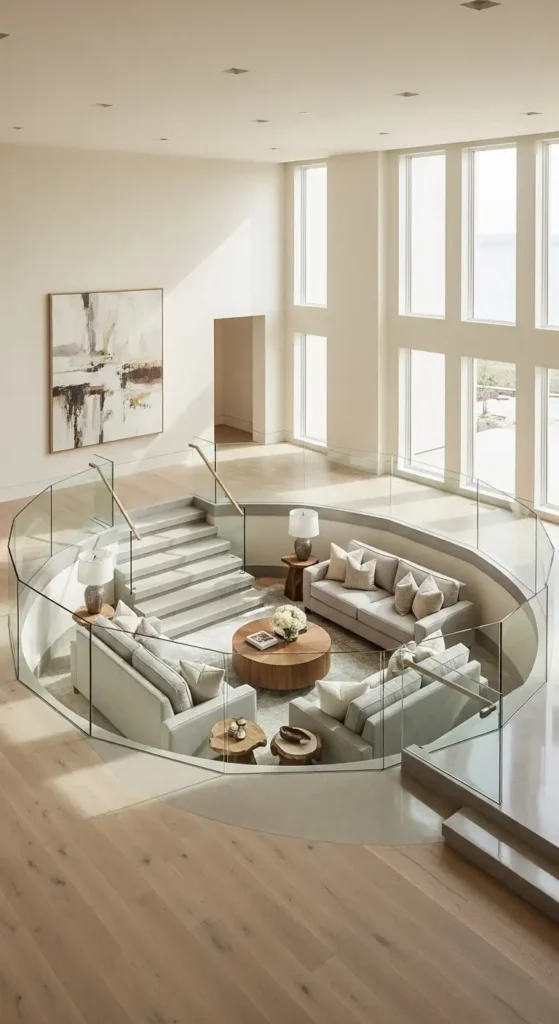 Sunken living room with subtle glass railing