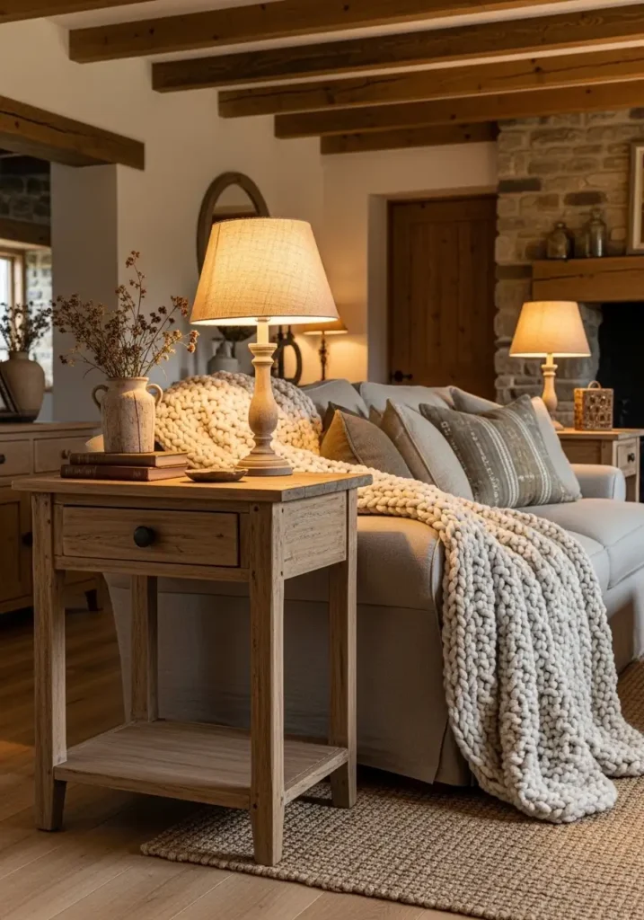 Rustic farmhouse living room side table with distressed wood finish