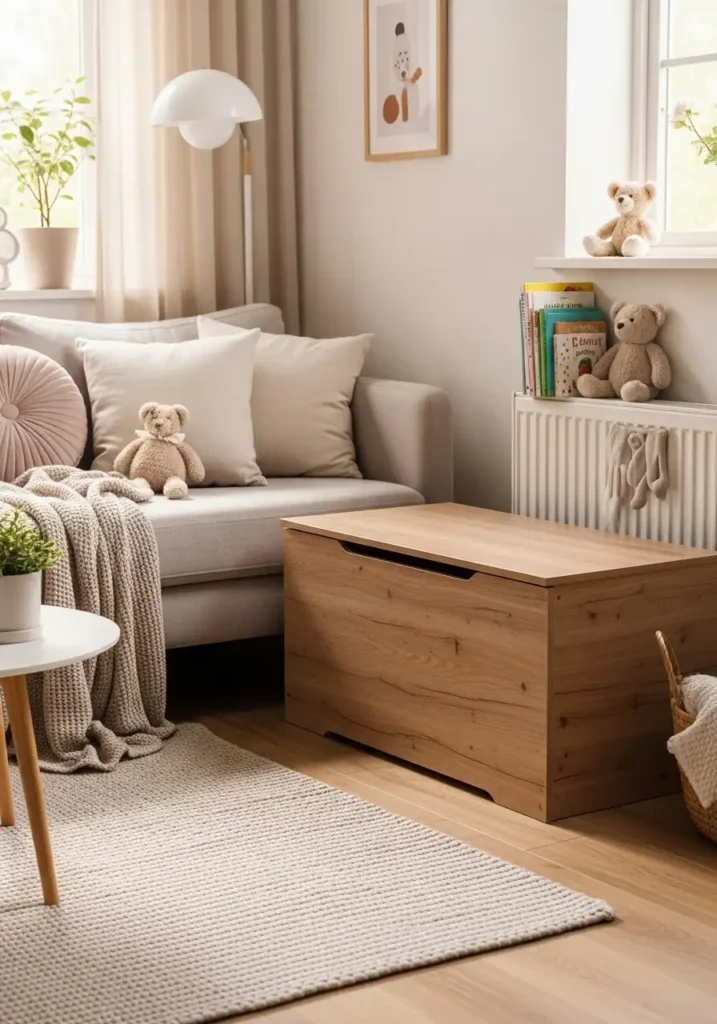 Wooden toy chest in living room