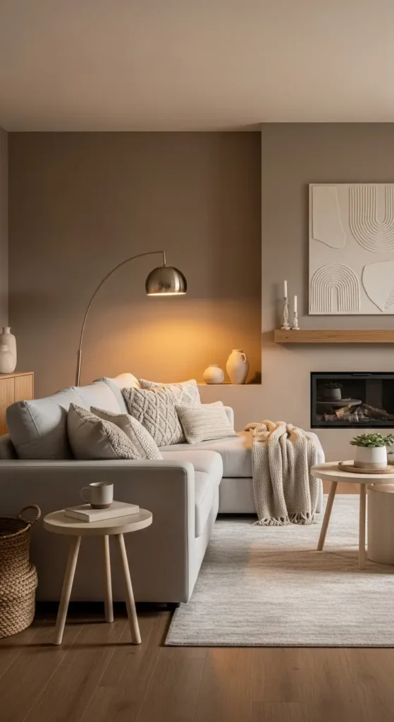 Full view of warm taupe living room with light sectional sofa.