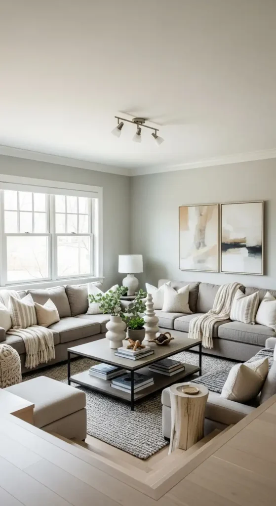 Sunken living room with central coffee table