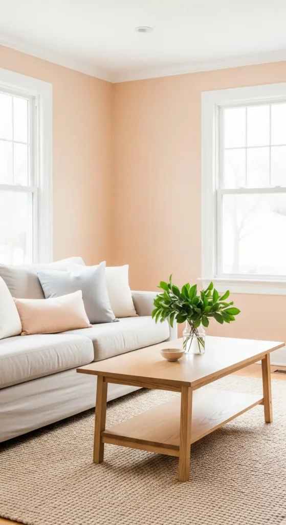 Full view of soft peach living room with white trim and wood table.