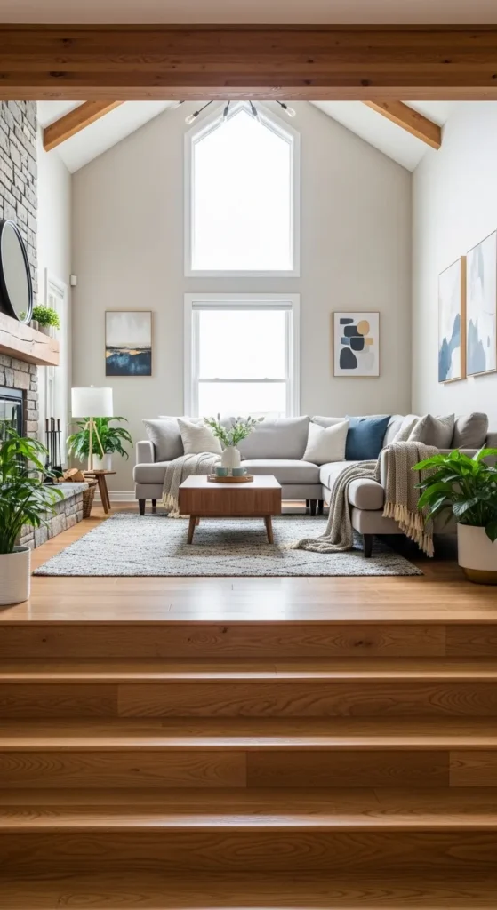 Wide steps into sunken seating area
