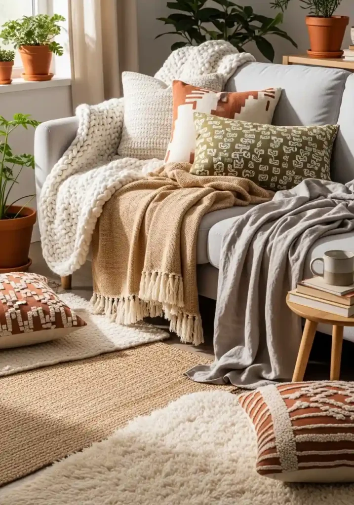 Boho sofa with layered throws in different textures and warm tones.