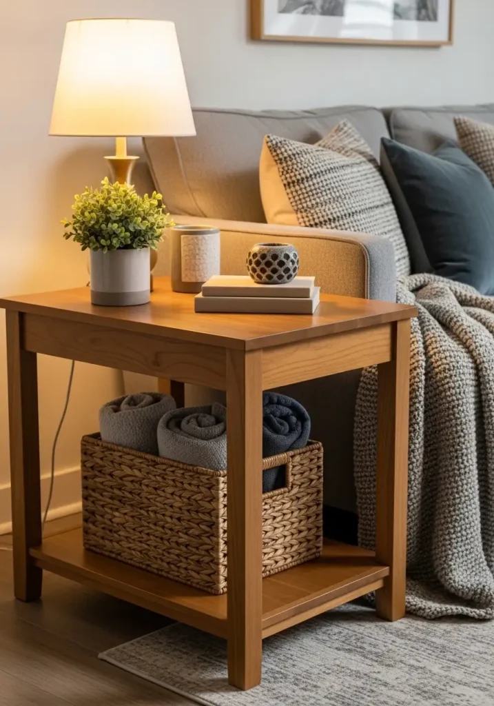 Two tier living room side table with storage basket on lower shelf