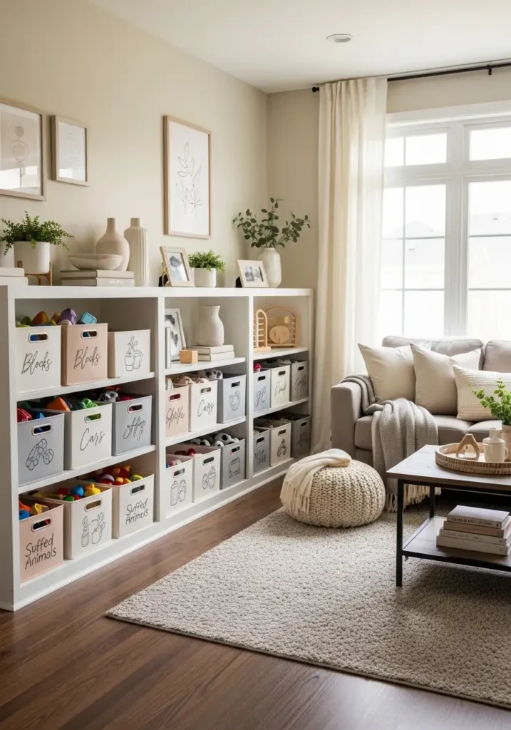 Built-in shelves with storage bins