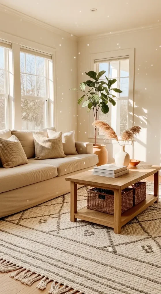 Full view of creamy off-white living room with warm neutral decor.