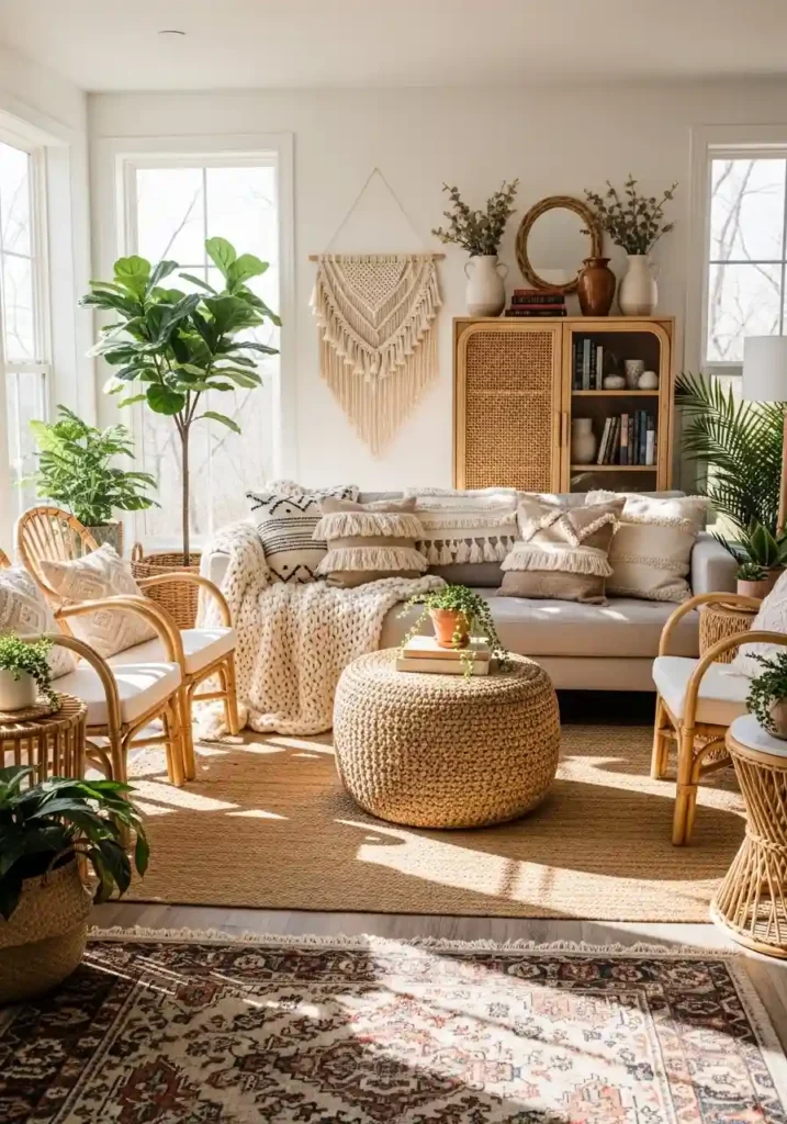 Boho living room with rattan and woven furniture, layered textiles, and plants.