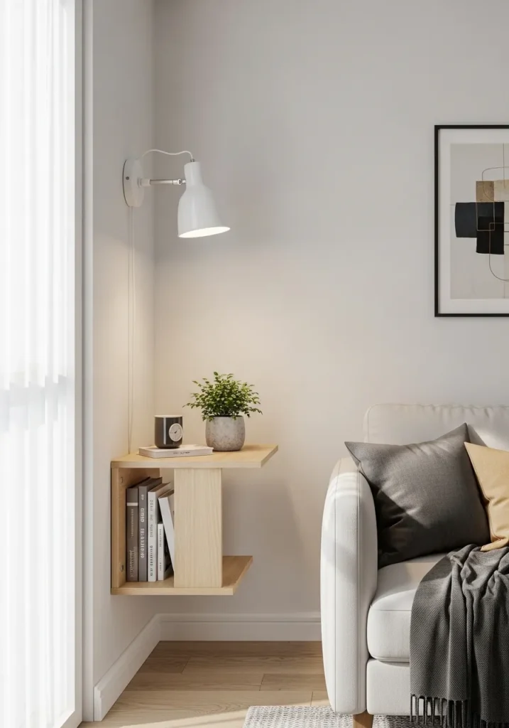 Floating wall mounted living room side table in small space