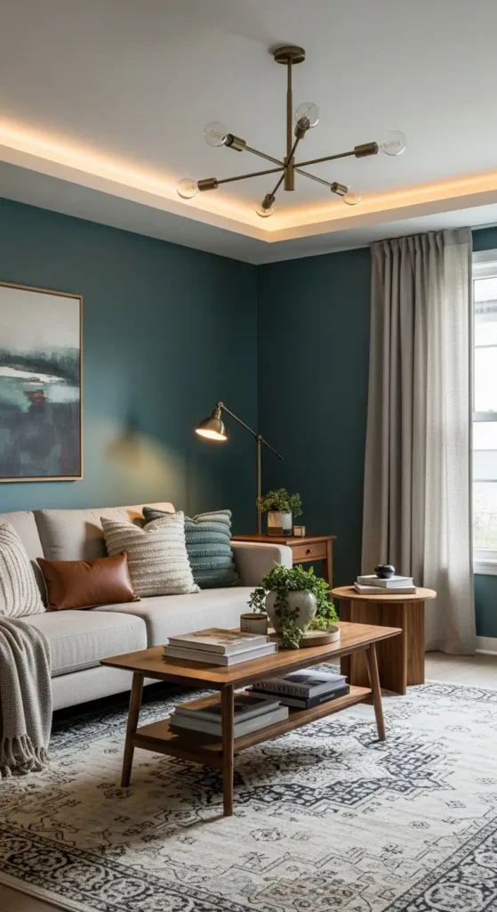 Full view of moody teal living room with beige sofa and warm wood tones.