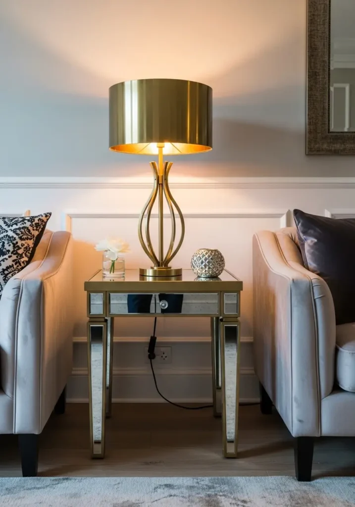 Mirrored living room side table in glam style interior