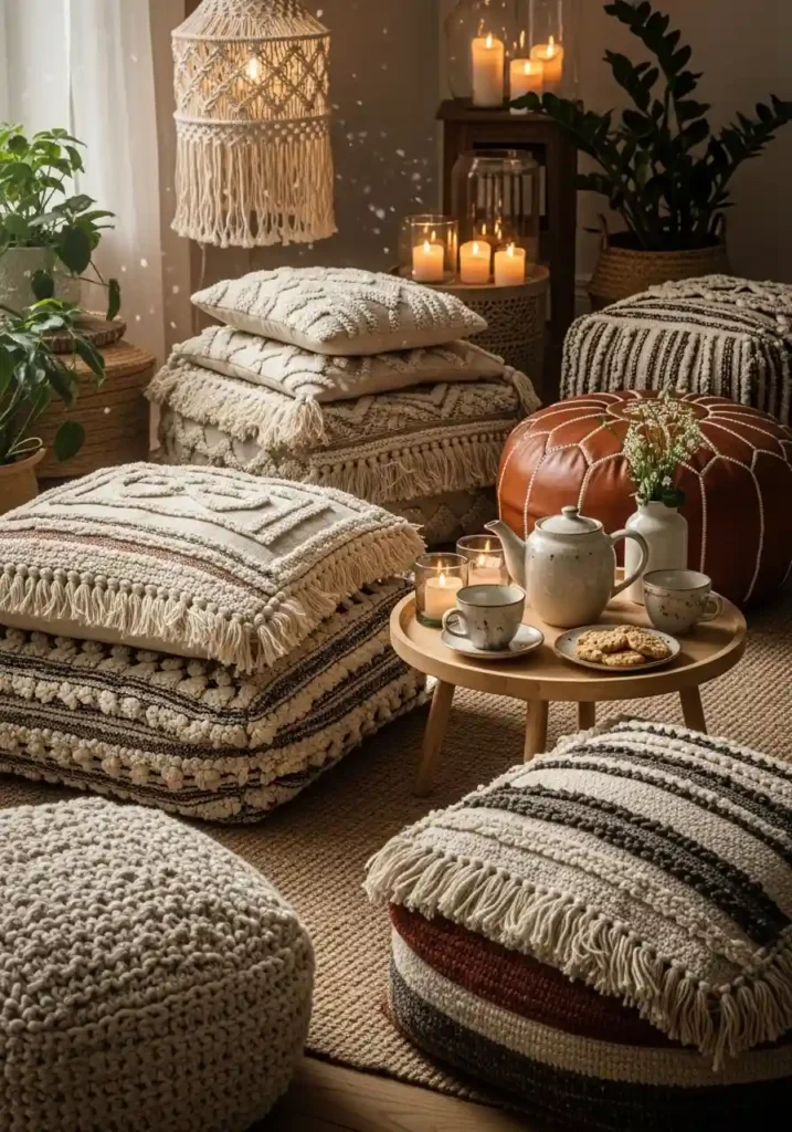 Boho living room floor seating with poufs, cushions, and layered throws.