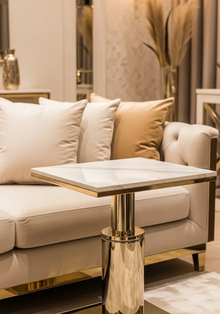 Marble top living room side table with gold base in elegant space