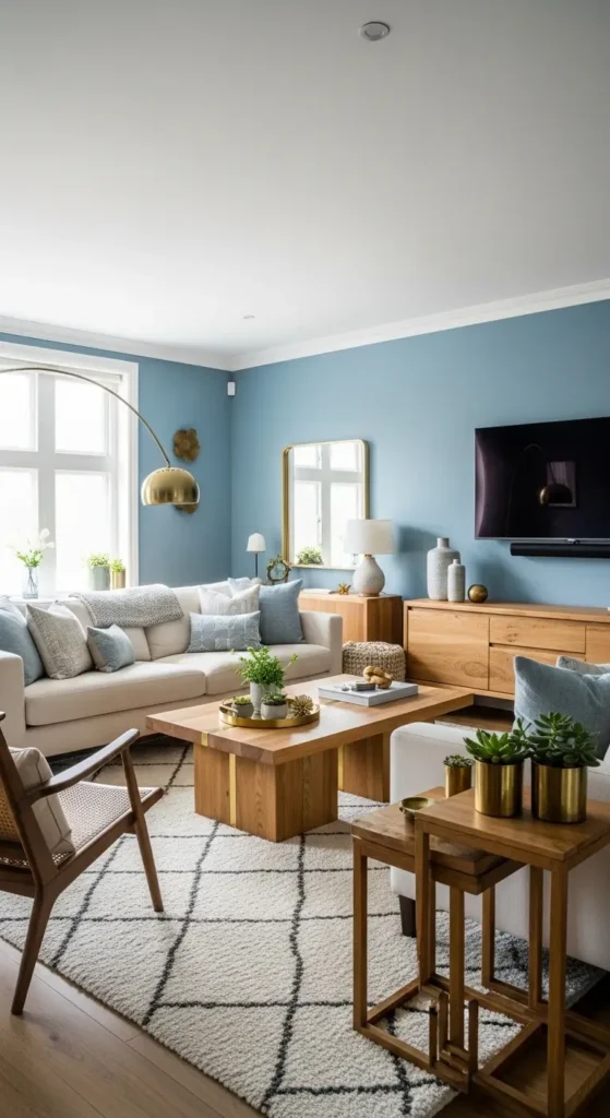 Full view of dusty blue living room with cream sofa and wood furniture.