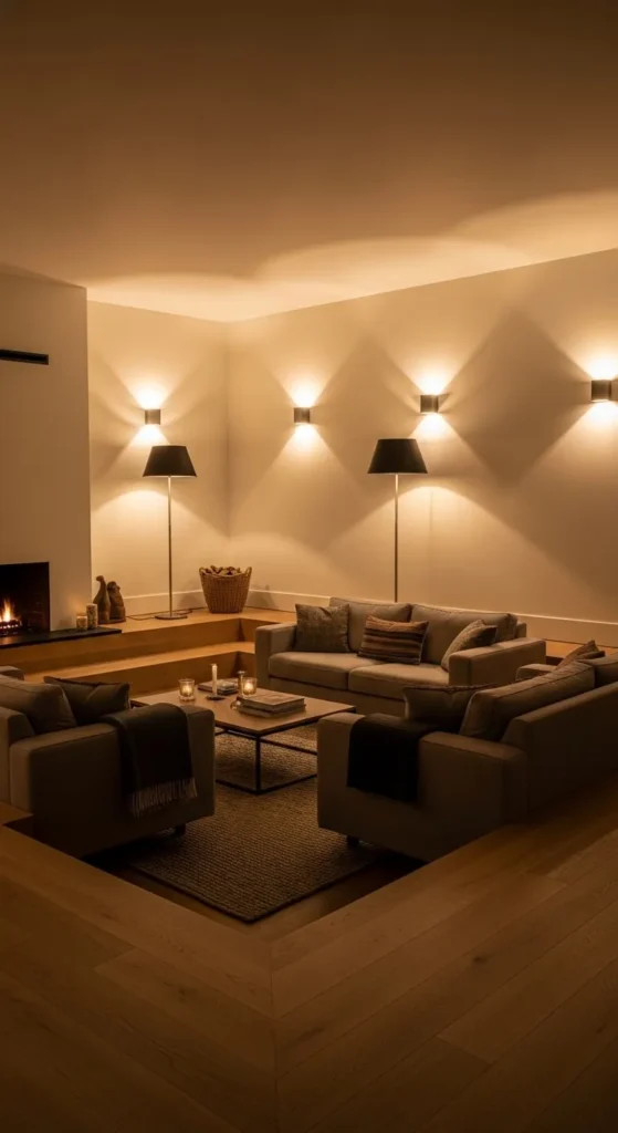 Layered lighting in sunken living room