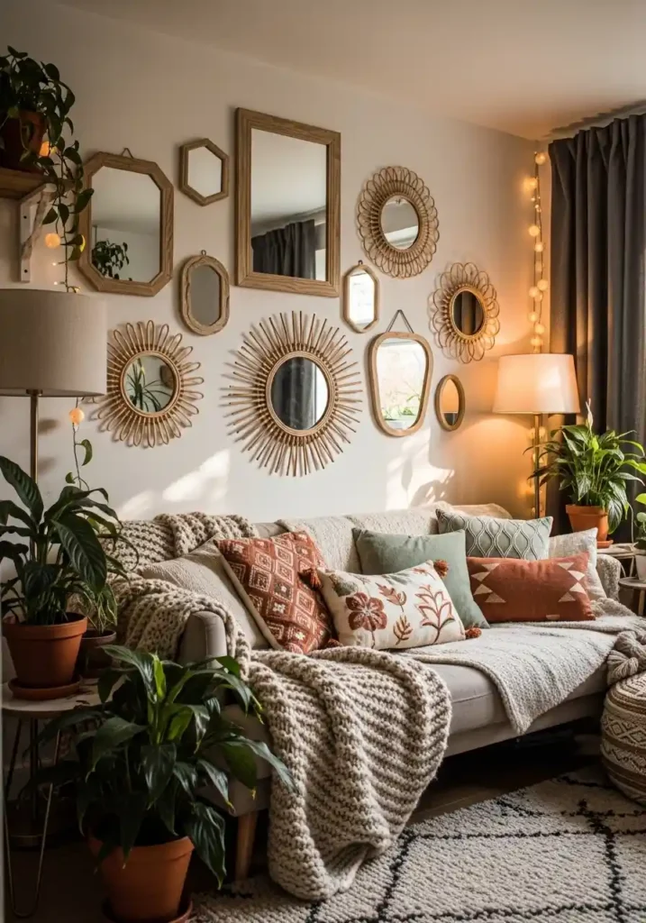 Boho living room with decorative wooden and rattan framed mirrors.