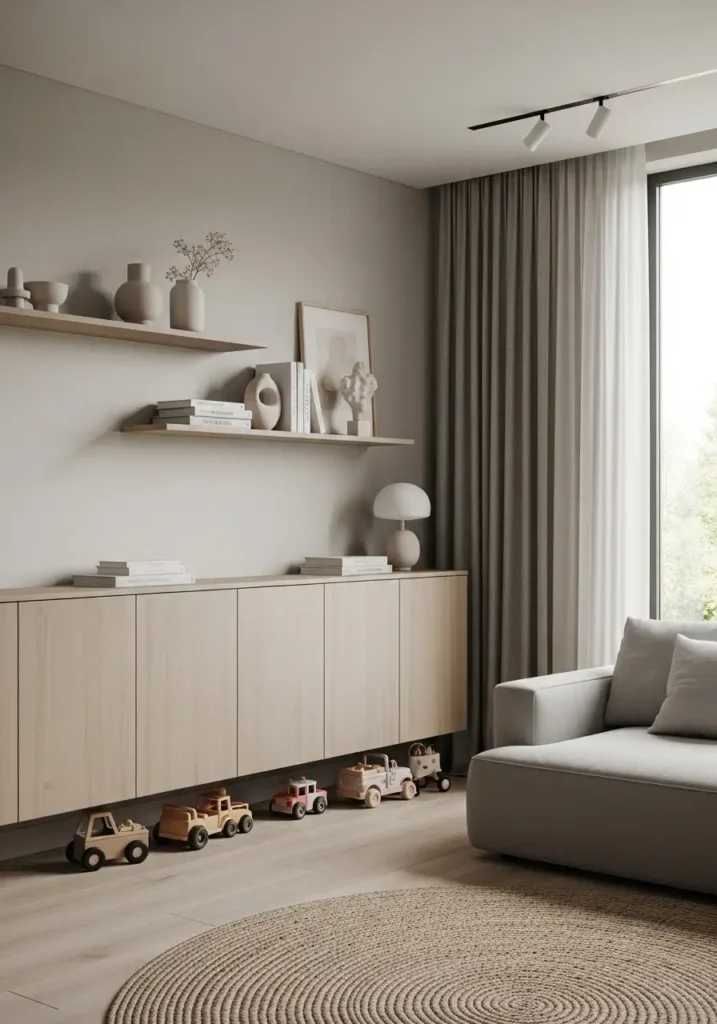 Closed cabinet hiding toys in living room