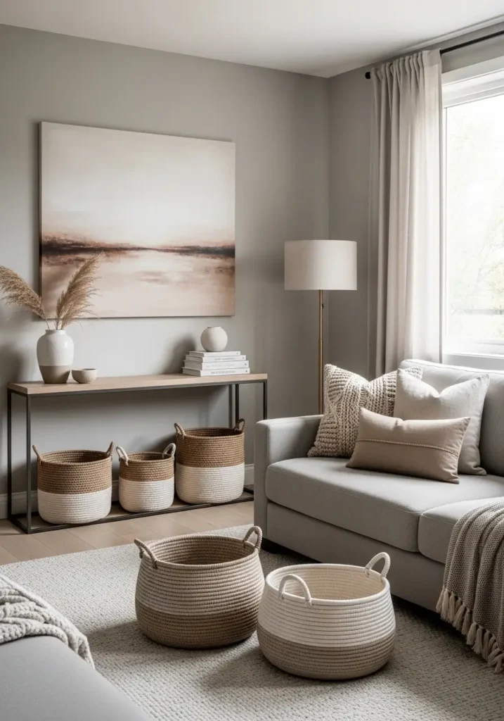 Console table with basket toy storage