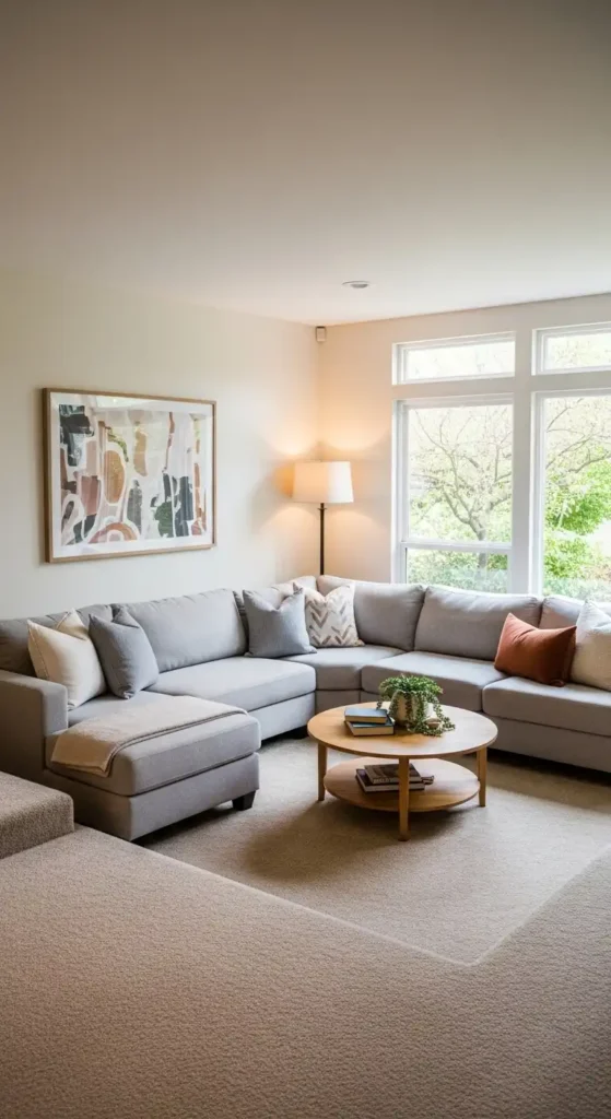 Sunken living room with warm flooring