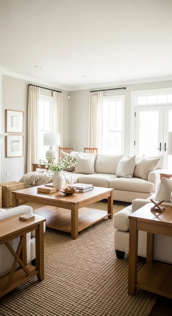 Full view of soft greige living room with warm wood and cream seating.